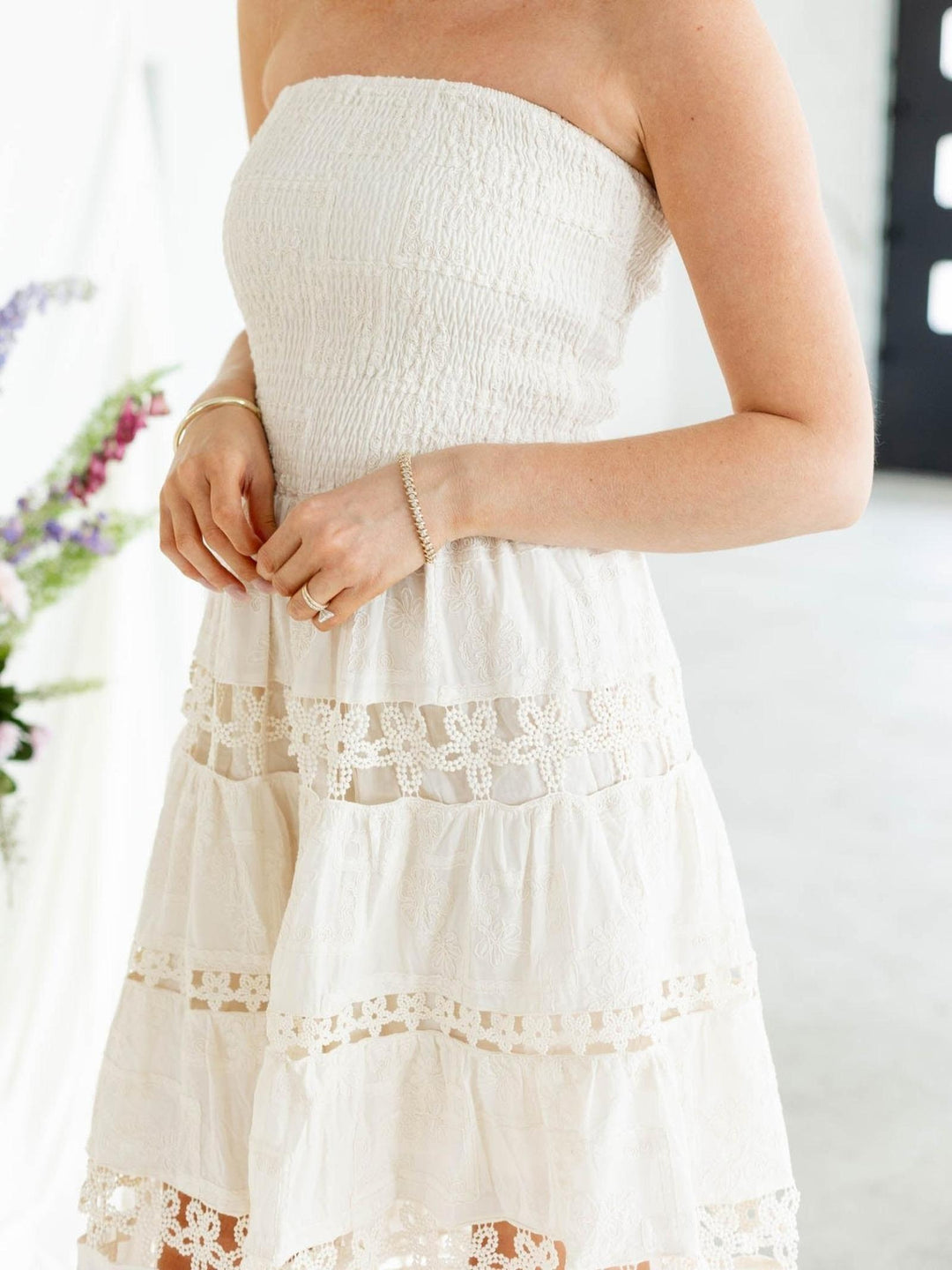 cream crochet trim strapless dress