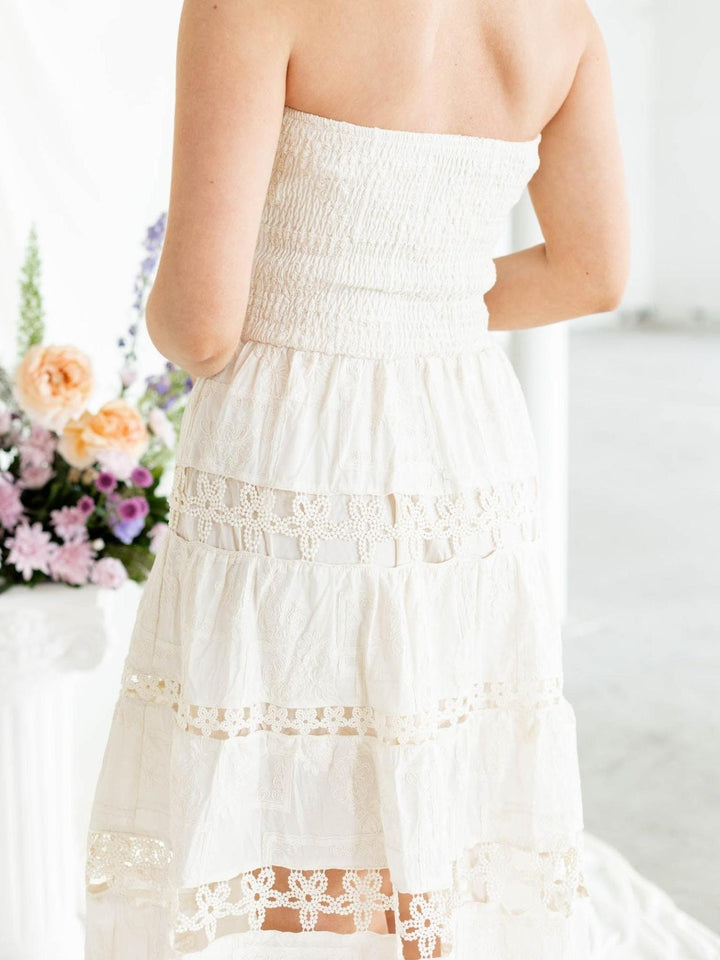 cream crochet trim strapless dress