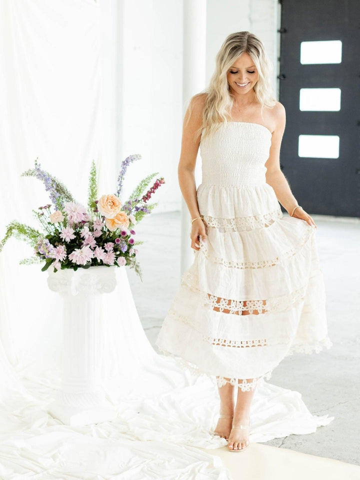 cream crochet trim strapless dress
