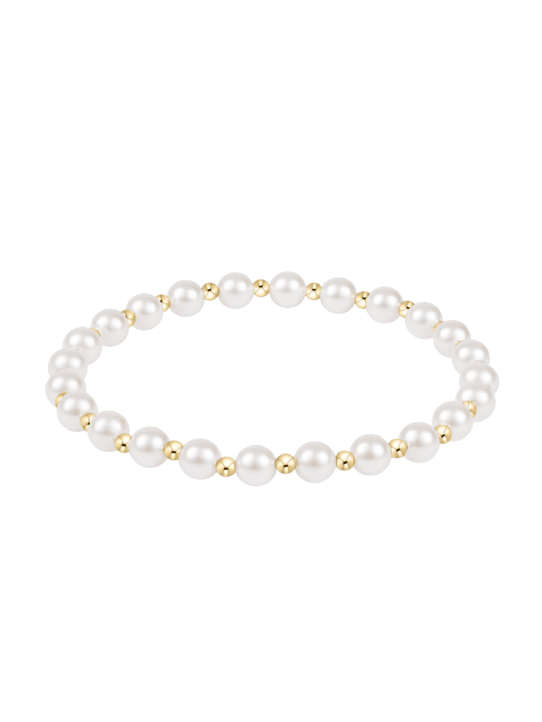 A single-strand pearl stretch bracelet with alternating white pearls and small gold spacer beads, shown on a plain white background.