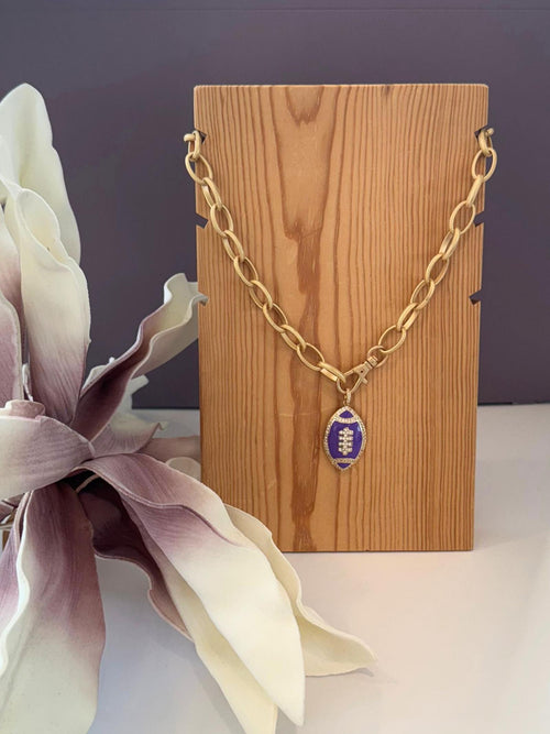 purple and gold football necklace