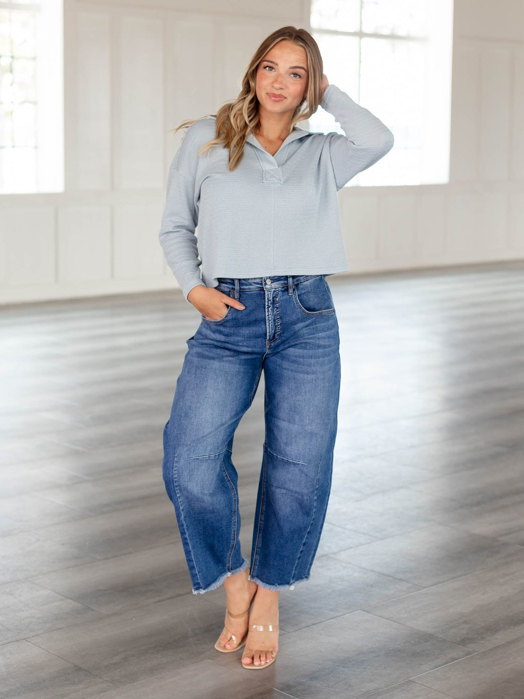 blue top with jeans 