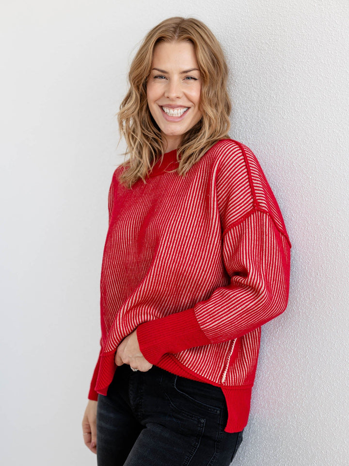 dark red ribbed oversized sweater