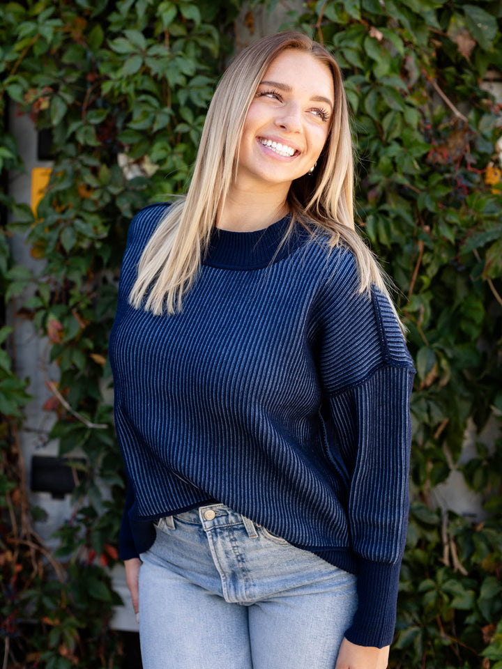 two tone blue ribbed sweater