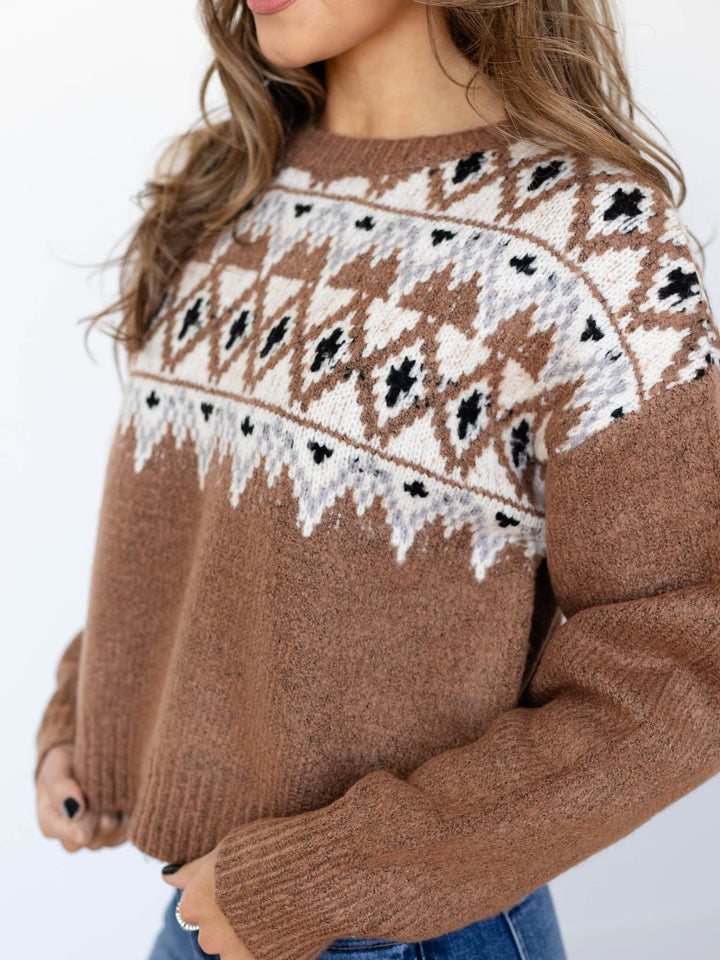 brown fuzzy fair isle sweater