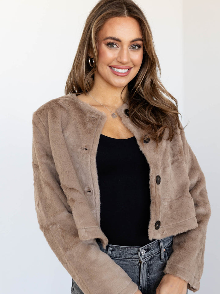 soft tan faux fur cropped jacket