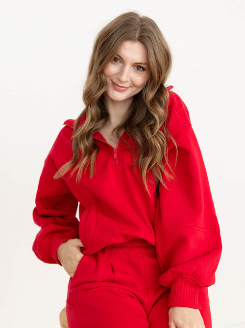 bright red half zip sweatshirt
