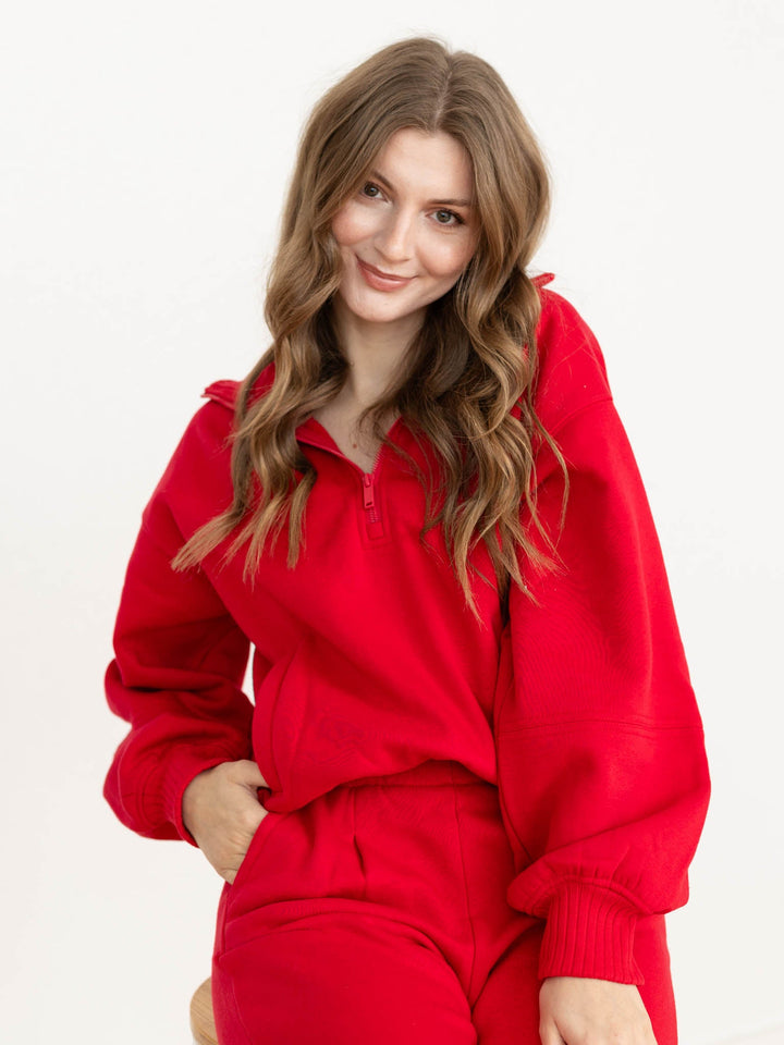 bright red half zip sweatshirt