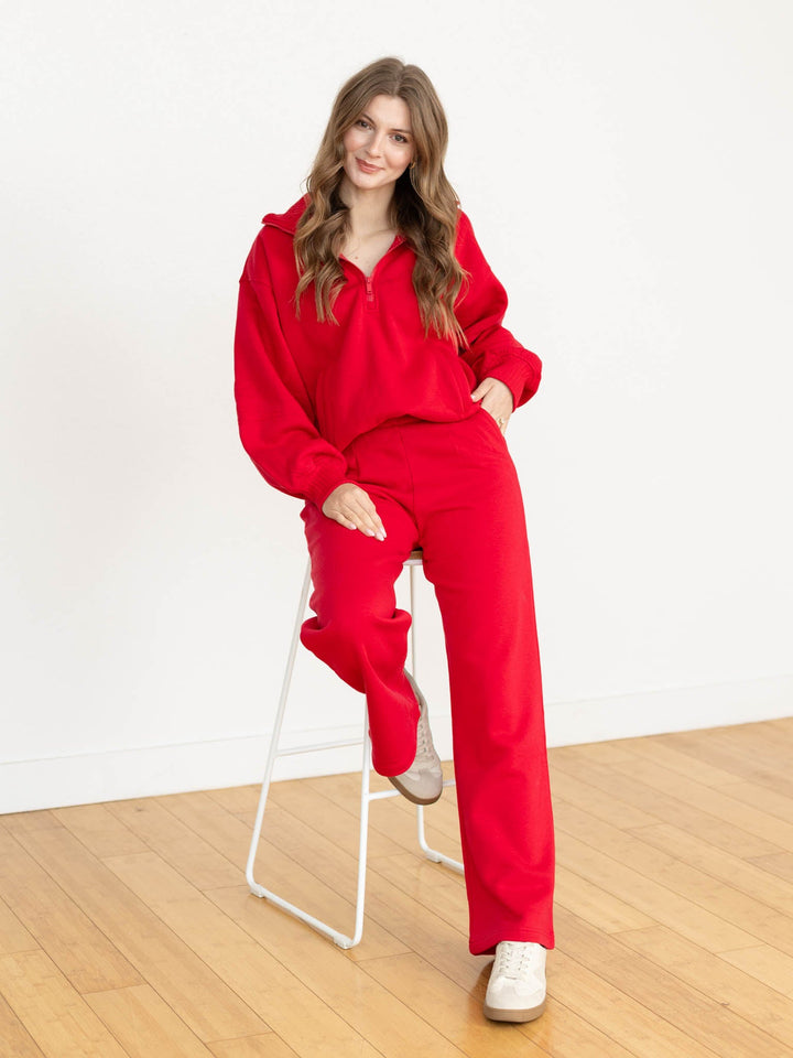 bright red half zip sweatshirt