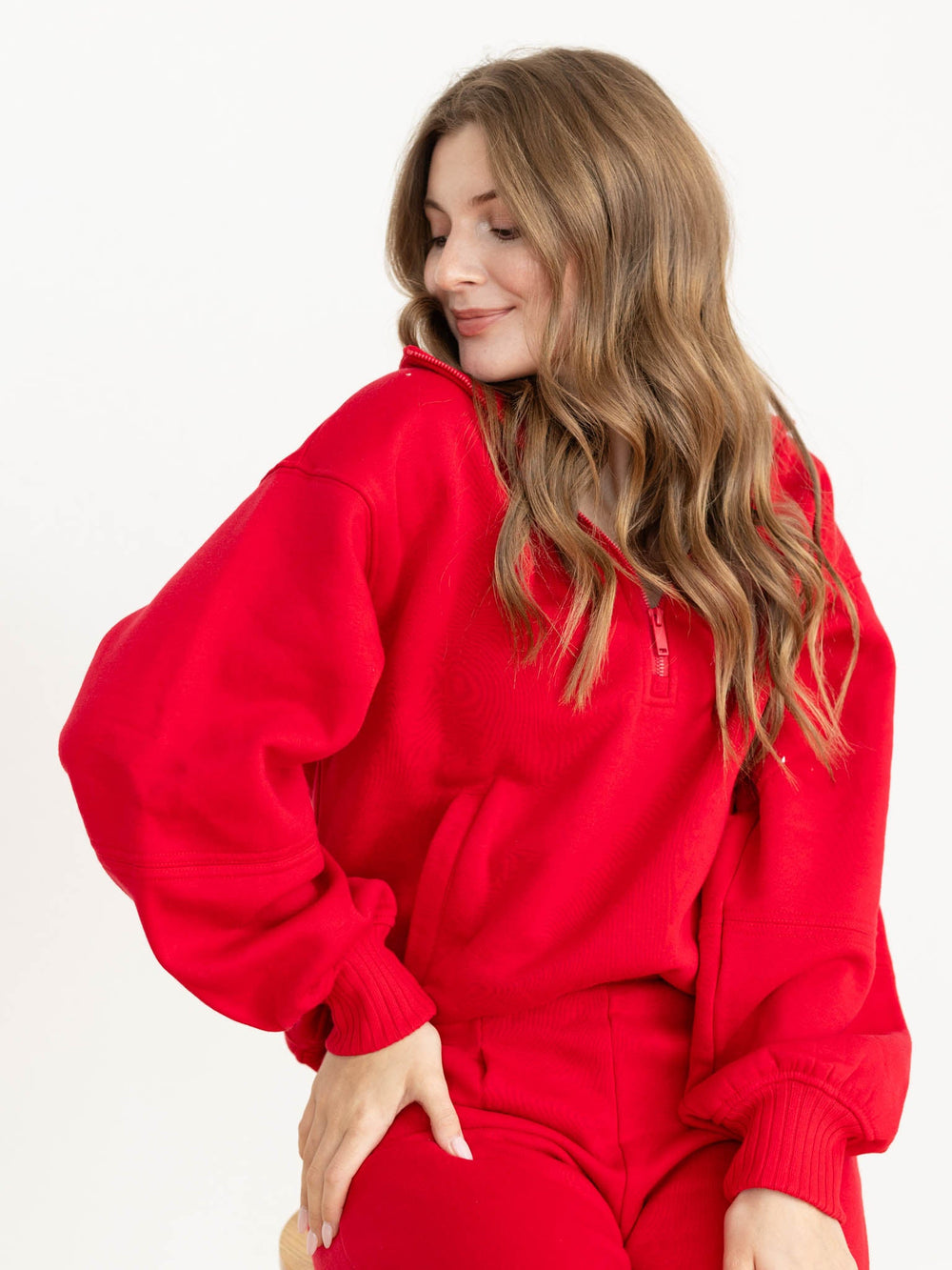 bright red half zip sweatshirt