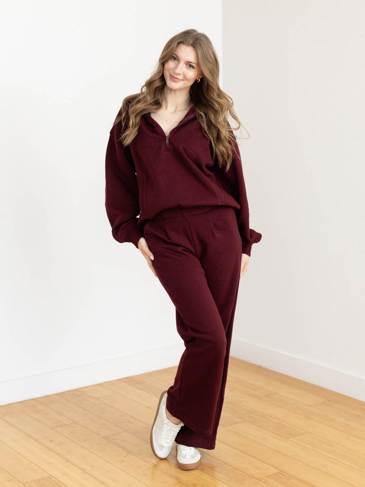 dark wine colored half zip sweatshirt