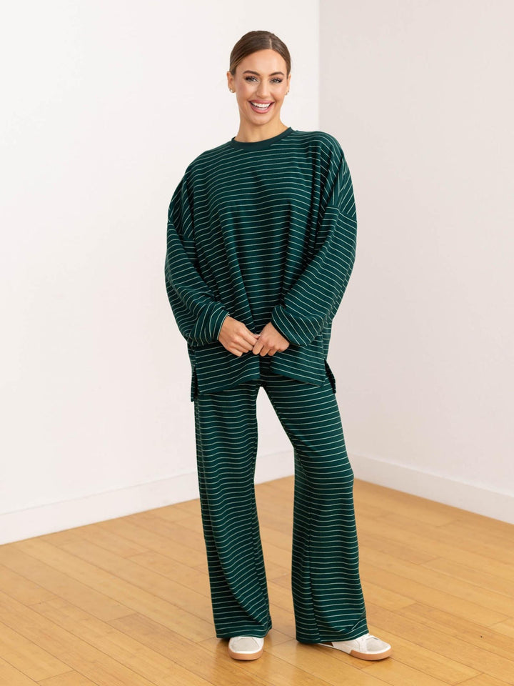 green and white stripe pants