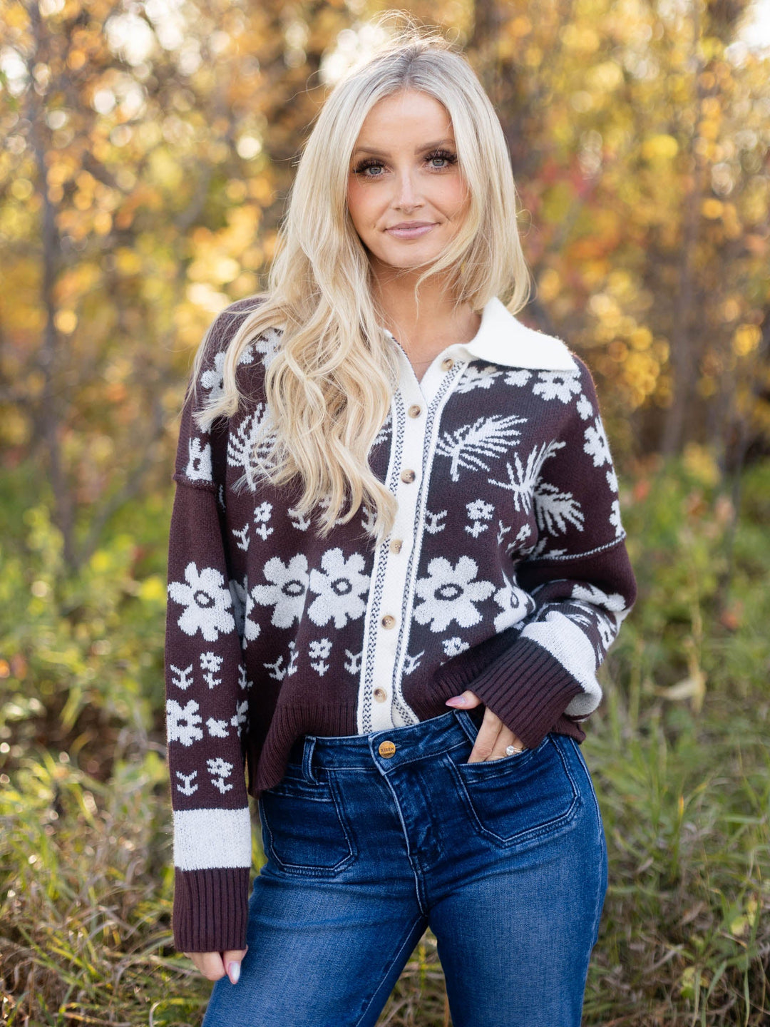 Floral Jacquard Collared Cardigan