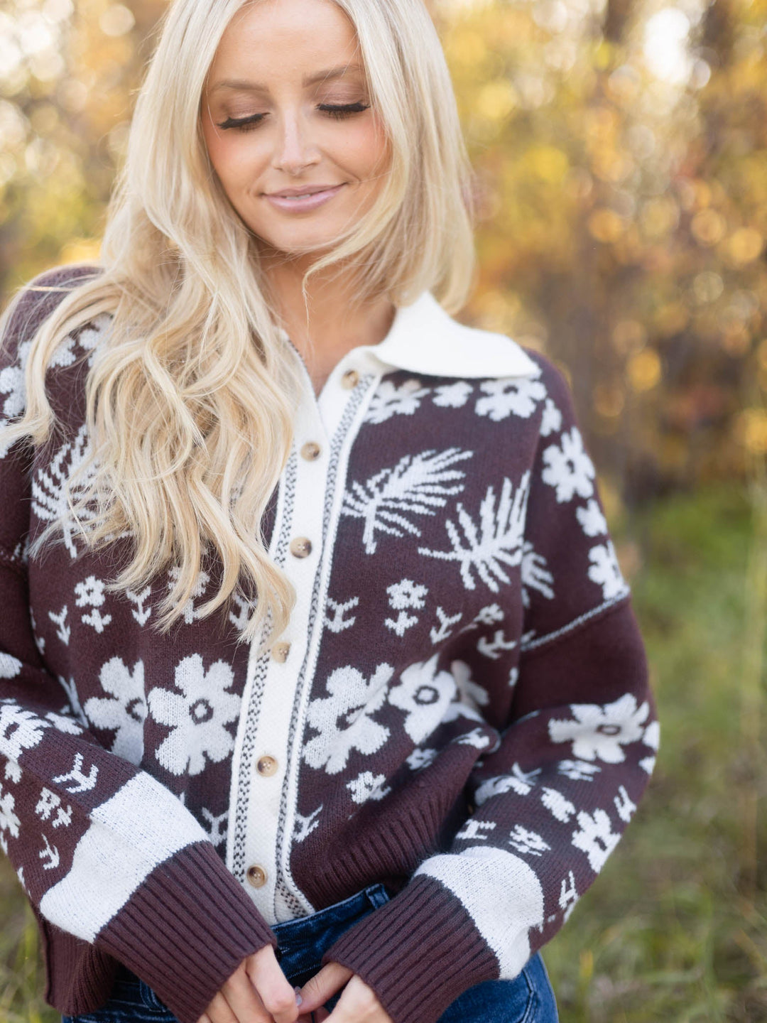 Floral Jacquard Collared Cardigan