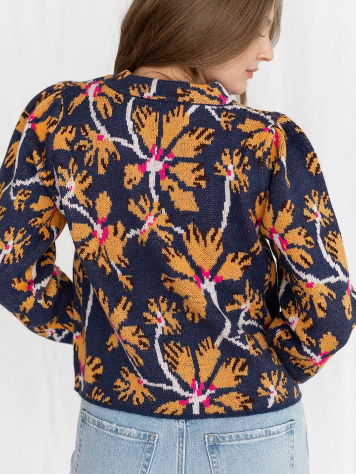 blue floral print sweater