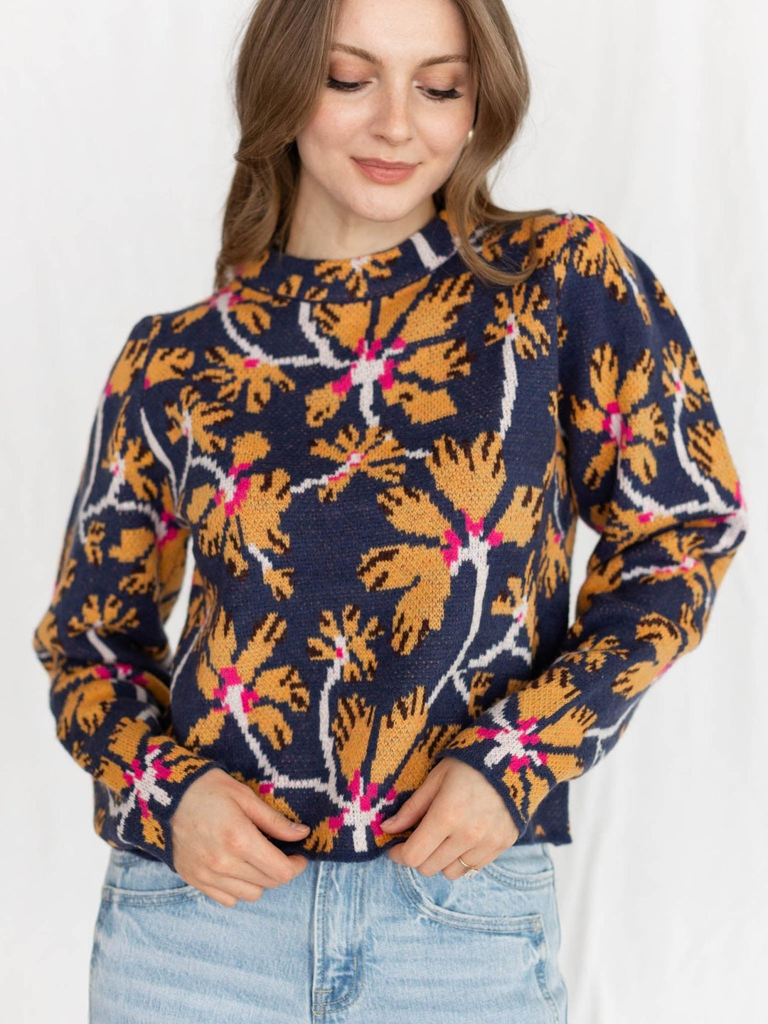 blue floral print sweater