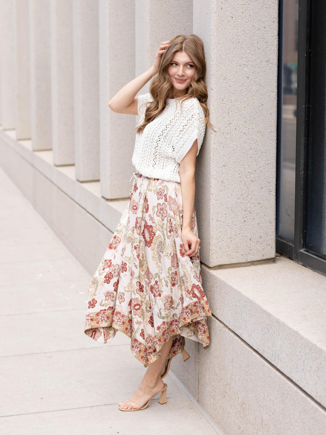 Floral Print Handkerchief Hem Midi Skirt
