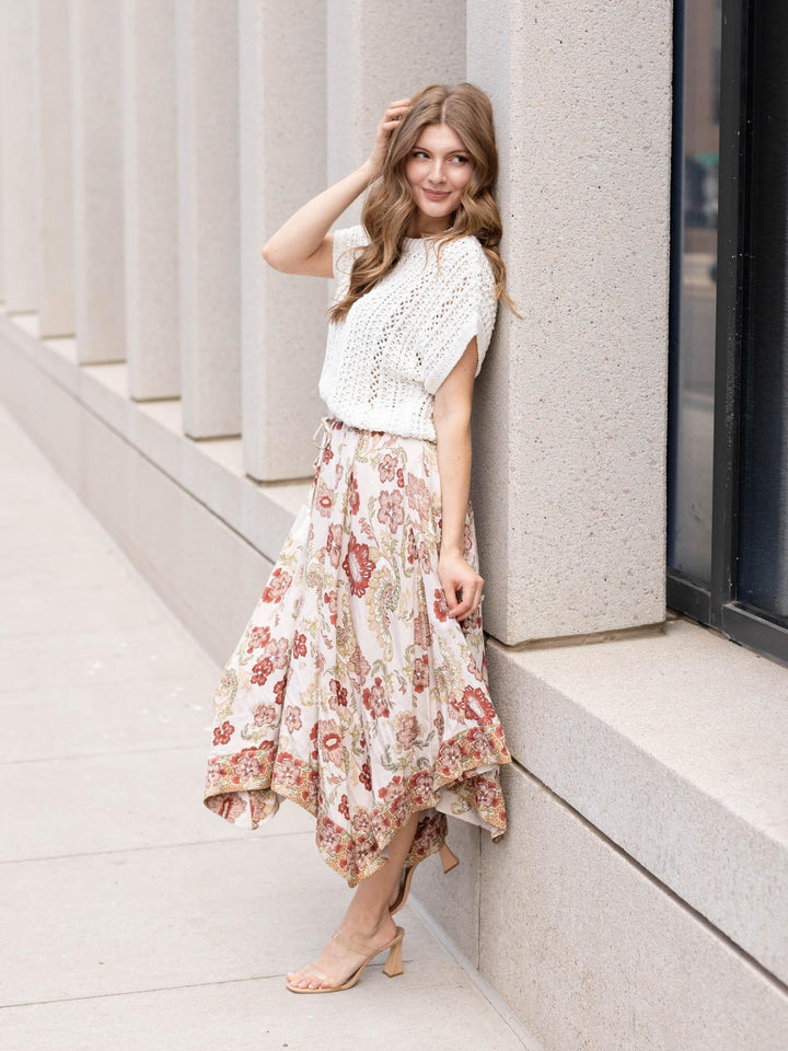 Floral Print Handkerchief Hem Midi Skirt