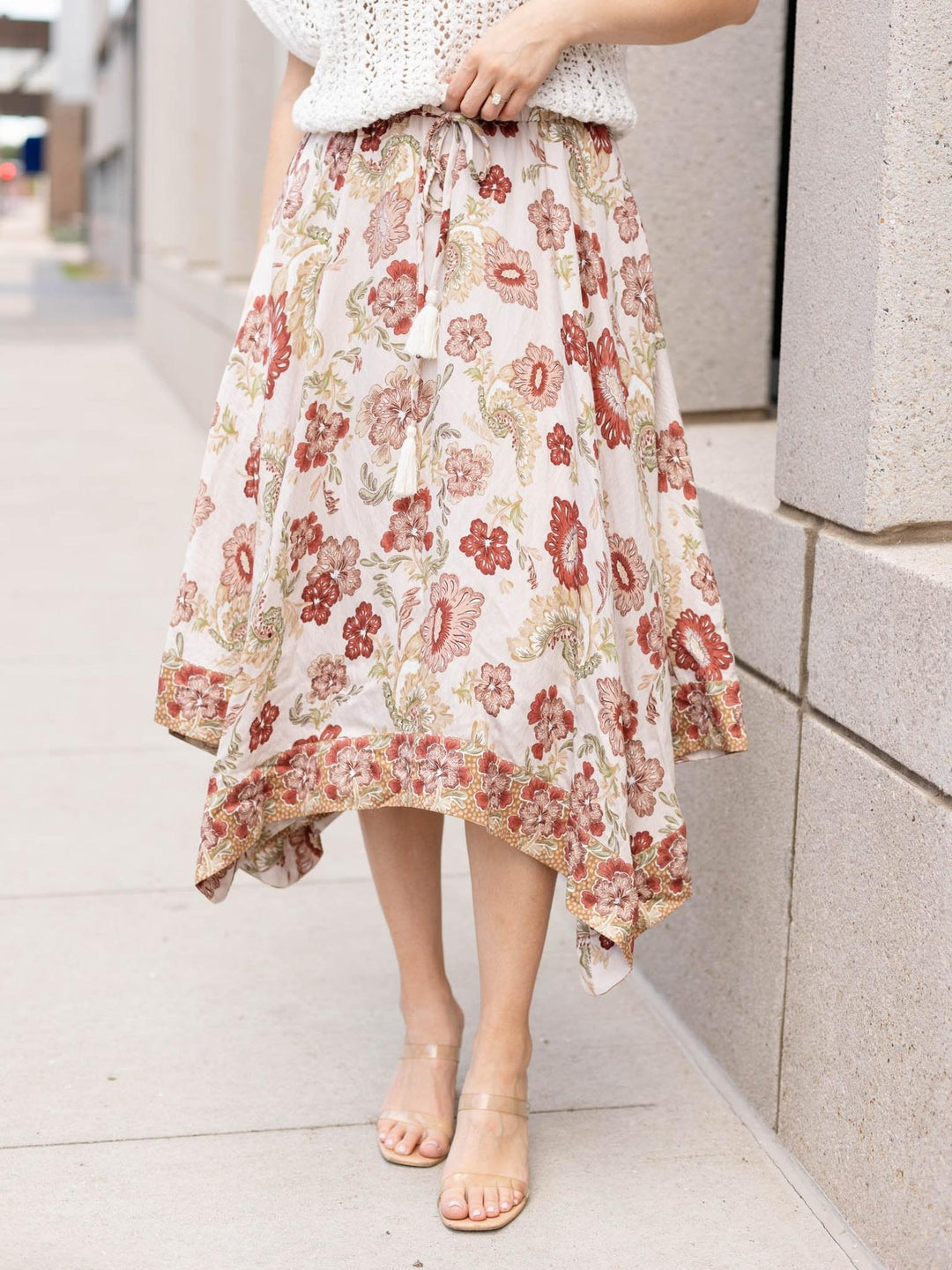 Floral Print Handkerchief Hem Midi Skirt