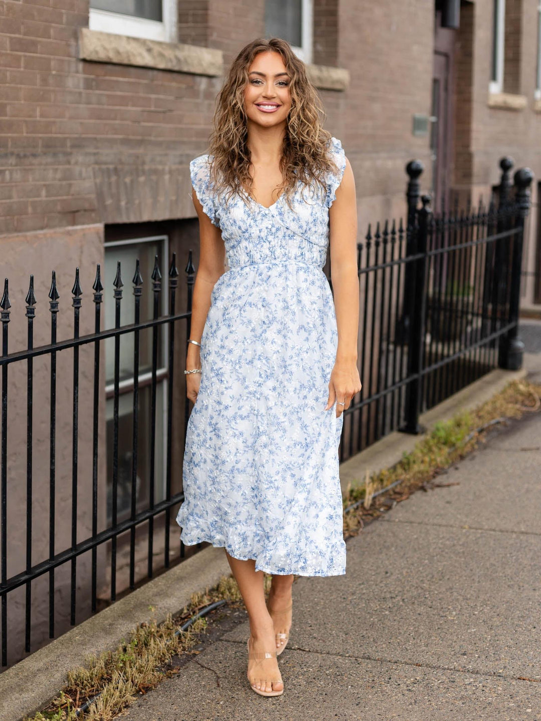 Floral Print Smocked Bodice Eyelet Detail Dress