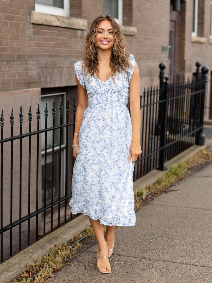 Floral Print Smocked Bodice Eyelet Detail Dress