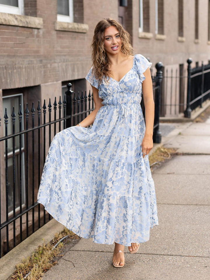 Floral Printed Tie Accent Flowy Tiered Dress