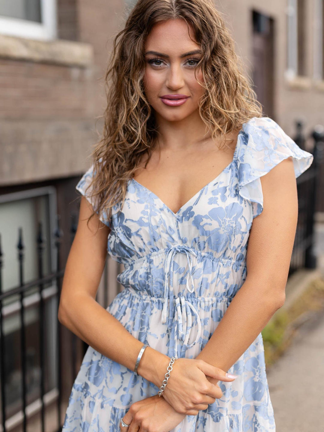 Floral Printed Tie Accent Flowy Tiered Dress