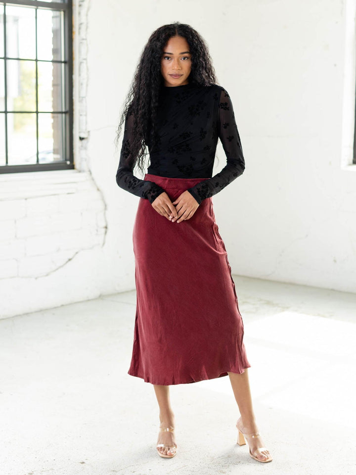 maroon midi skirt