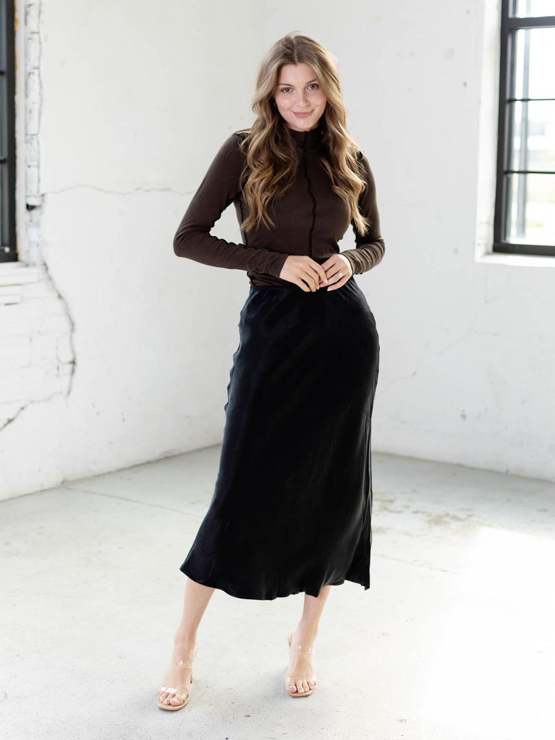 charcoal black soft midi skirt