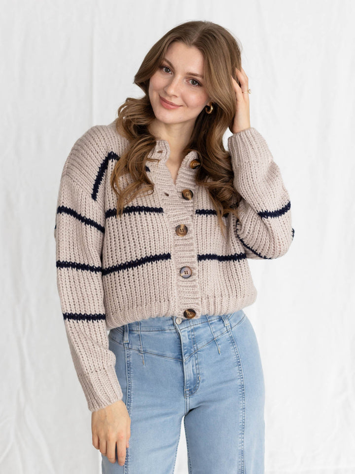 beige and navy striped cardigan
