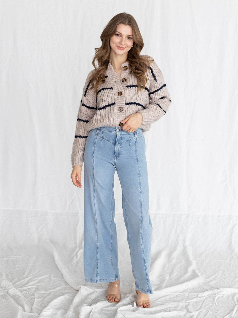 beige and navy striped cardigan