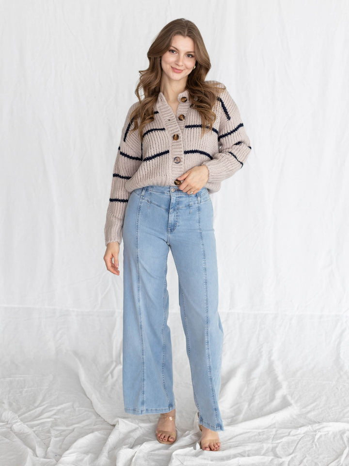 beige and navy striped cardigan