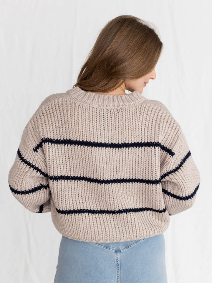 beige and navy striped cardigan