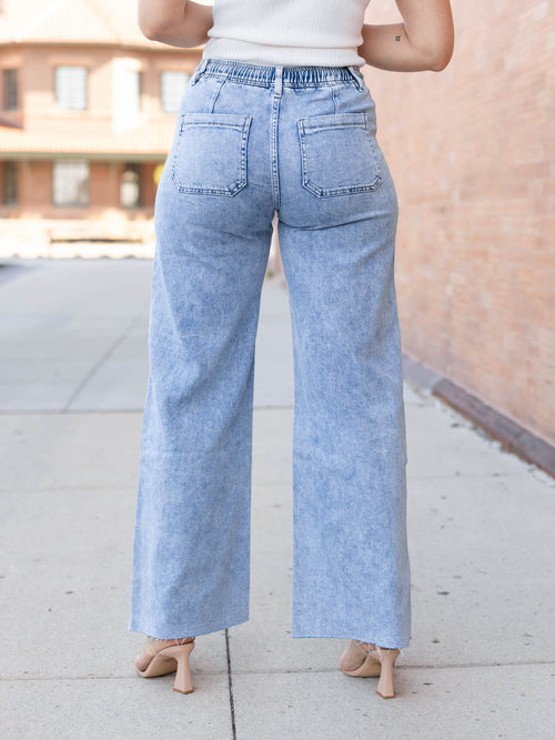 drawstring waist denim wide leg pants