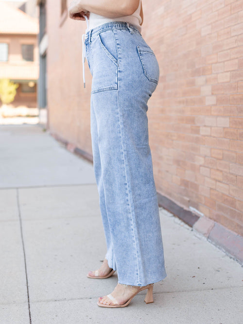 drawstring waist denim wide leg pants
