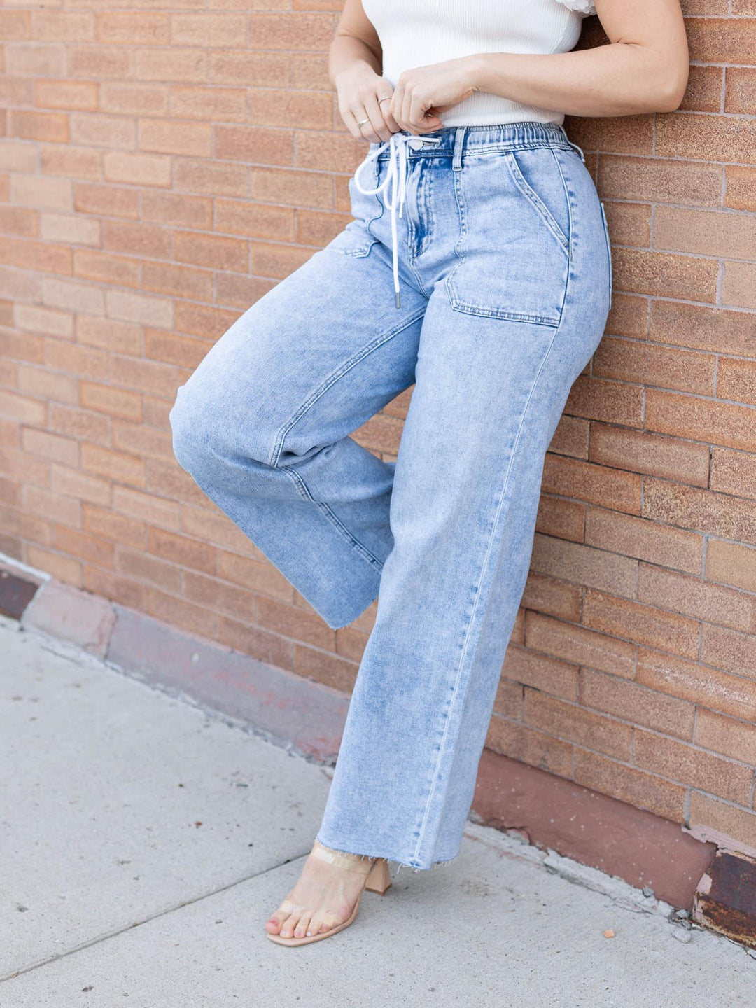 drawstring waist denim wide leg pants