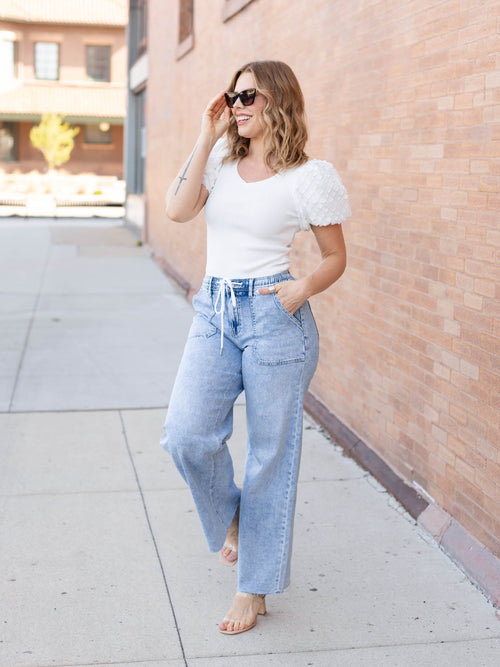 drawstring waist denim wide leg pants