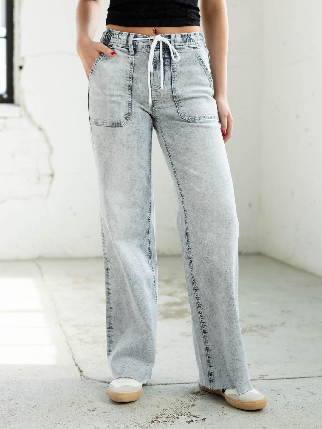 distressed denim with drawstring