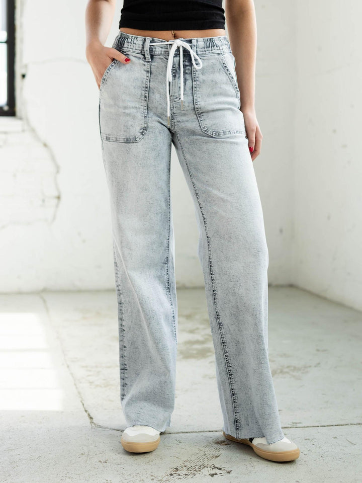 distressed denim with drawstring