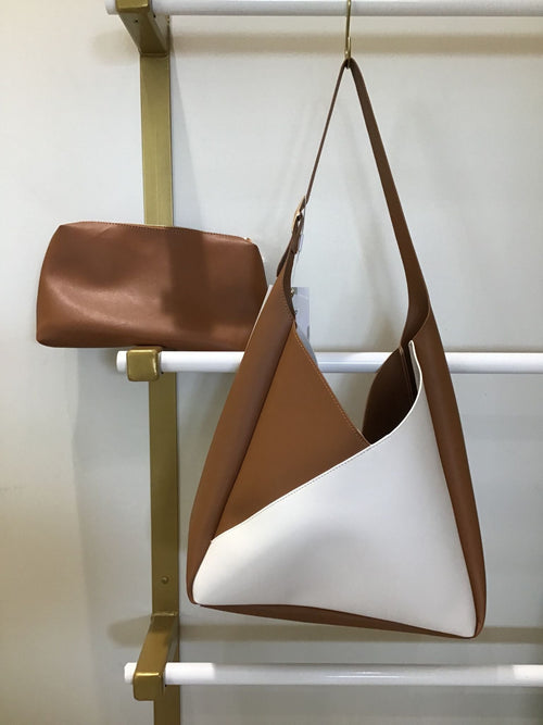 ivory and tan two tone colorblock bag