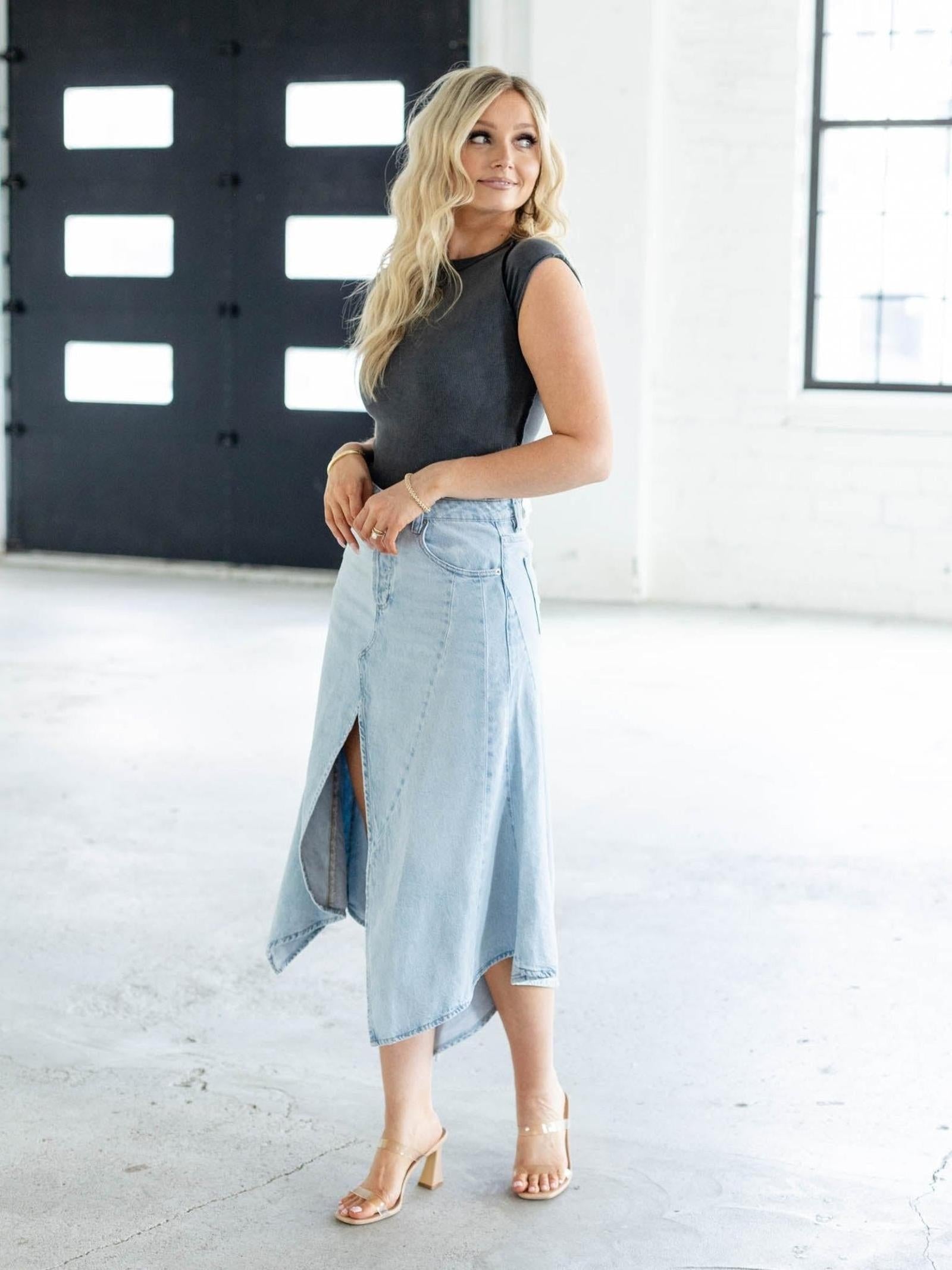 Free People Aquarius Denim Maxi Skirt – Frostwire | Leela and Lavender