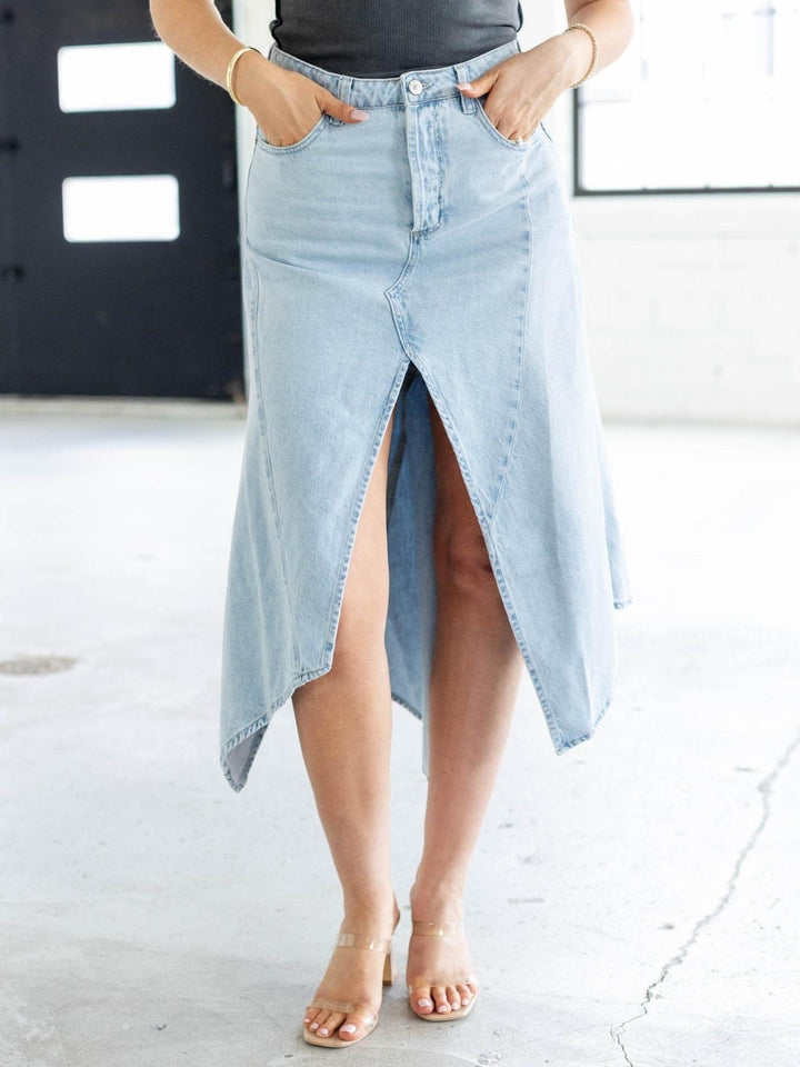 front slit denim midi skirt