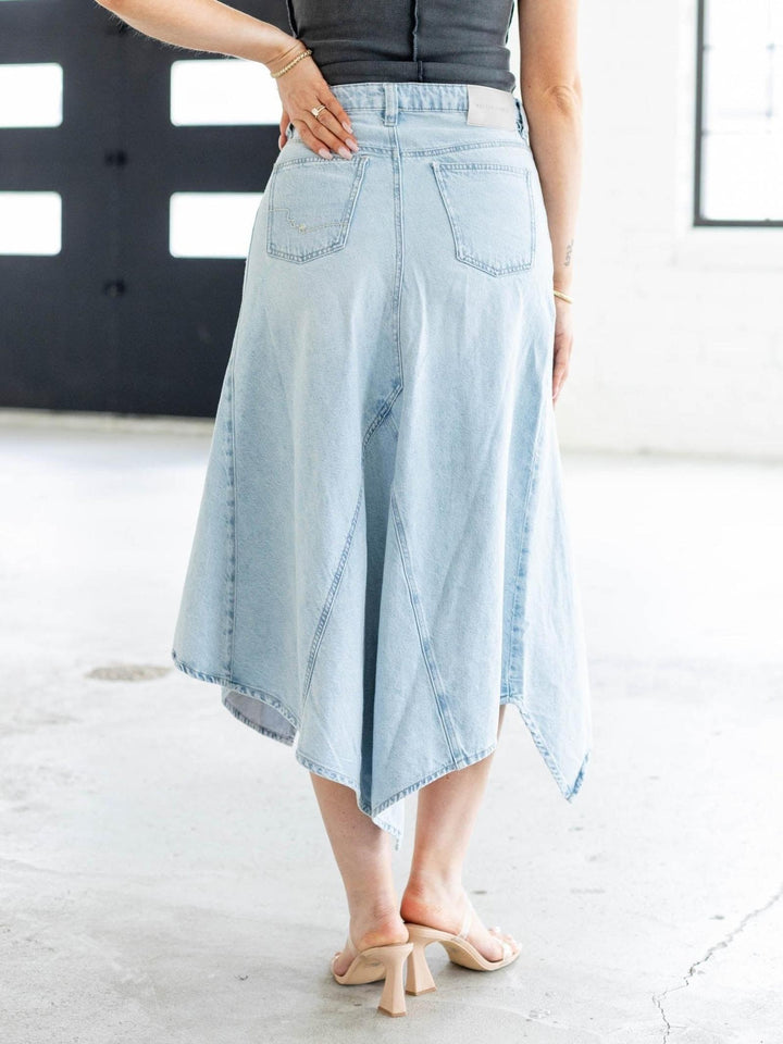 front slit denim midi skirt