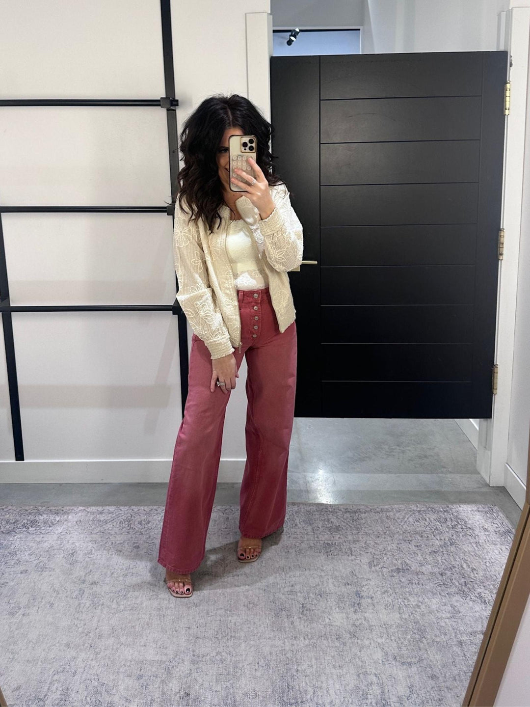 washed red colored high rise denim