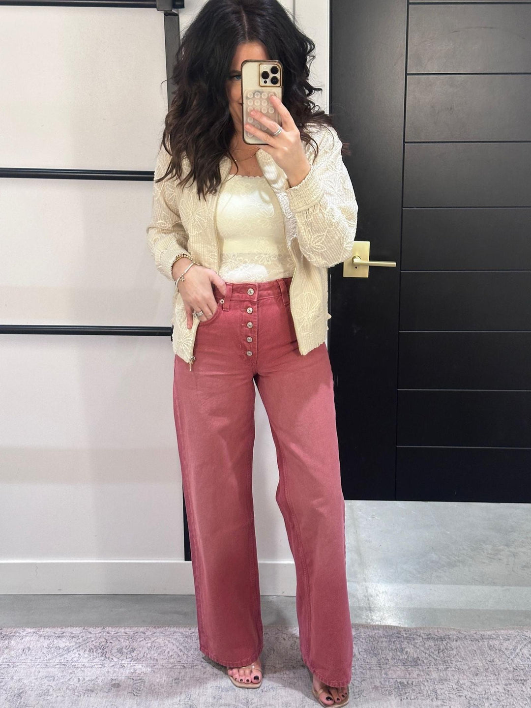washed red colored high rise denim