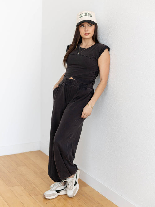 washed black two piece athleisure set