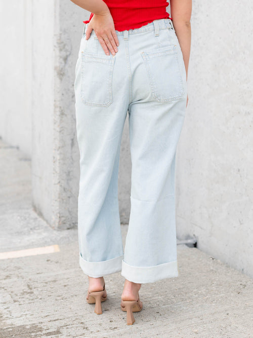 light wash patch pocket cuffed denim