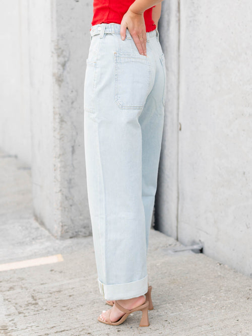 light wash patch pocket cuffed denim