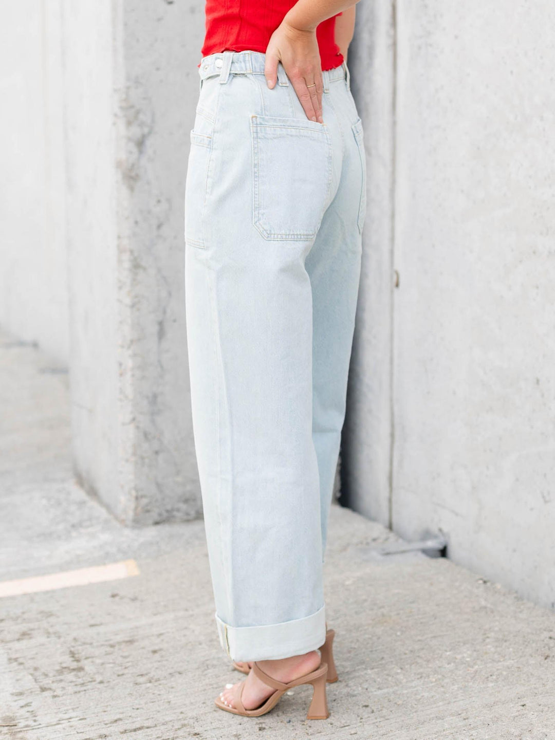light wash patch pocket cuffed denim