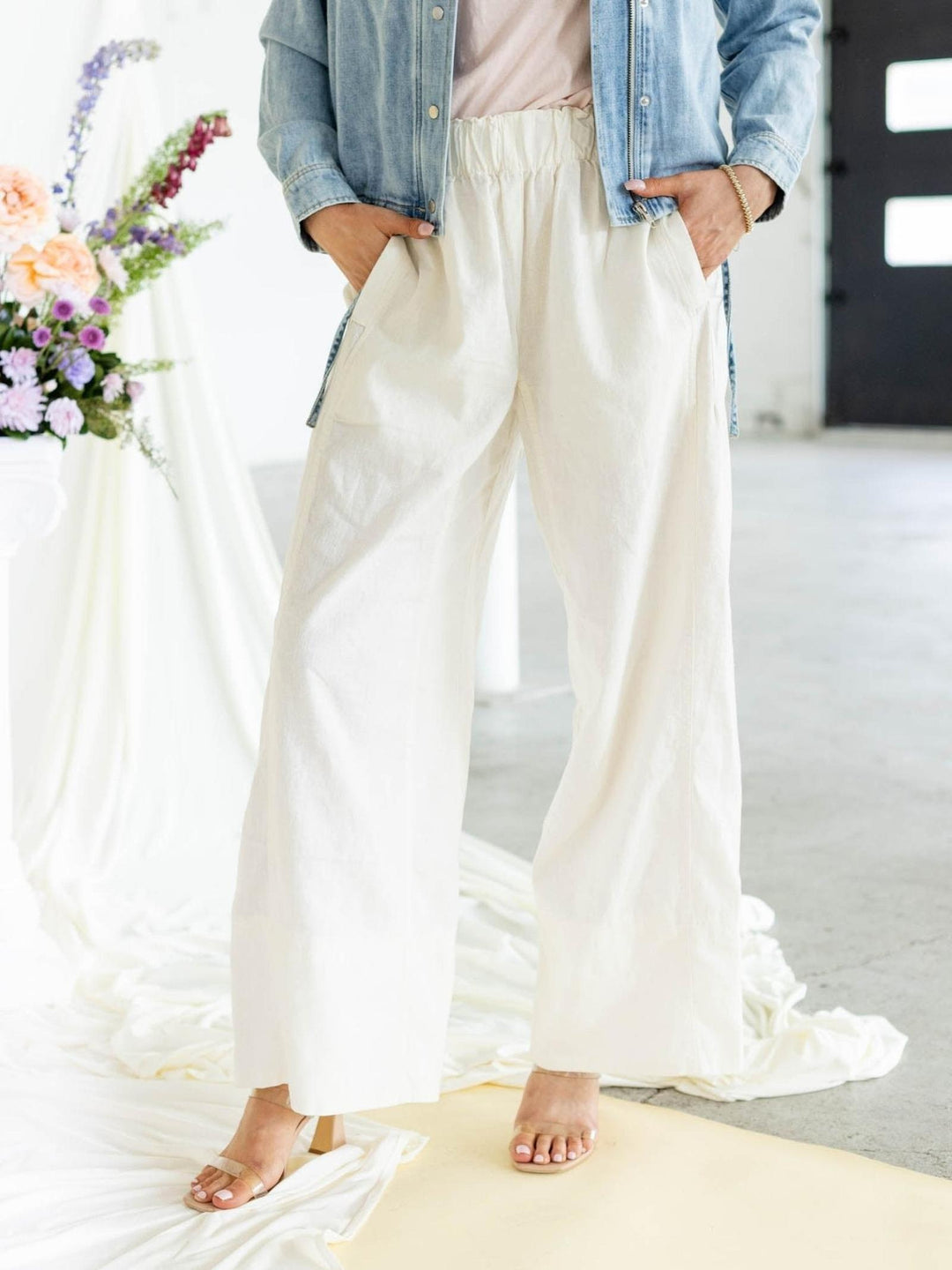 pull on wide leg cream linen pants